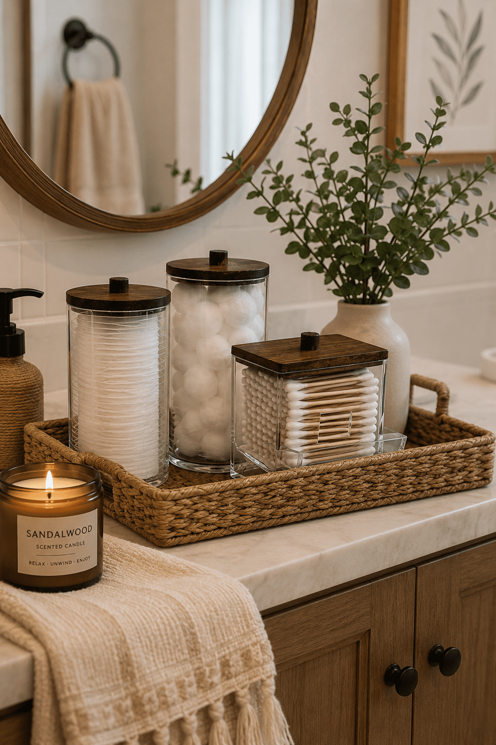 Rustic bathroom organizer set with clear storage jars, wooden lids, woven tray, cotton balls, cotton swabs, cotton rounds, eucalyptus vase, and scented candle on a cozy bathroom vanity.