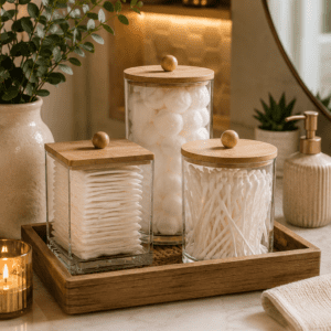 Luxury bathroom canister set with clear acrylic containers, natural wooden lids, cotton balls, cotton swabs, cotton pads, and a wooden tray styled on a modern cozy bathroom vanity.