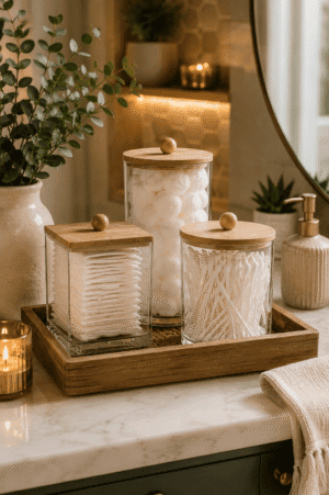 Luxury bathroom canister set with clear acrylic containers, natural wooden lids, cotton balls, cotton swabs, cotton pads, and a wooden tray styled on a modern cozy bathroom vanity.