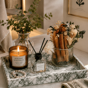 Luxury marble bathroom vanity tray styled with a scented candle, reed diffuser, dried floral arrangement, and decorative accessories on a modern cozy bathroom countertop.