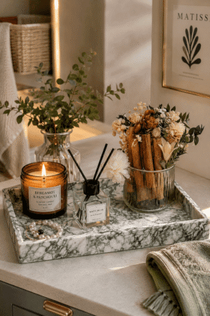 Luxury marble bathroom vanity tray styled with a scented candle, reed diffuser, dried floral arrangement, and decorative accessories on a modern cozy bathroom countertop.