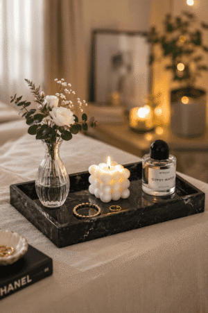 Luxury black marble decorative tray featuring a glass flower vase, bubble candle, perfume bottle, and jewelry styled on a cozy bedroom bench with soft ambient lighting.