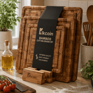 Premium bamboo cutting board set with storage stand displayed on a modern kitchen countertop alongside fresh herbs, olive oil, wooden utensils, and cooking essentials.