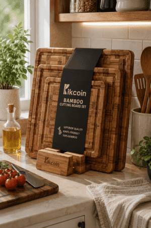 Premium bamboo cutting board set with storage stand displayed on a modern kitchen countertop alongside fresh herbs, olive oil, wooden utensils, and cooking essentials.