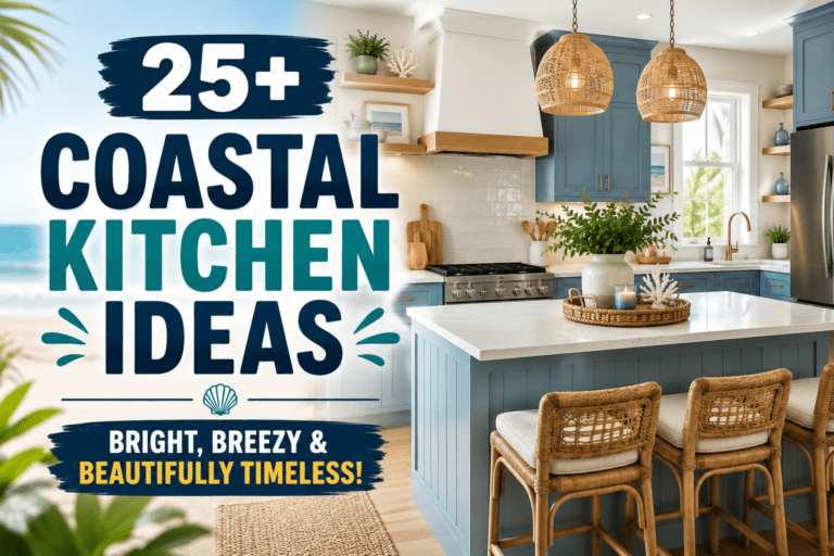 A bright coastal kitchen featuring soft blue cabinets, white quartz countertops, woven pendant lights, natural wood accents, brass fixtures, and a spacious island with bar stools, showcasing timeless coastal kitchen ideas.
