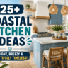 A bright coastal kitchen featuring soft blue cabinets, white quartz countertops, woven pendant lights, natural wood accents, brass fixtures, and a spacious island with bar stools, showcasing timeless coastal kitchen ideas.