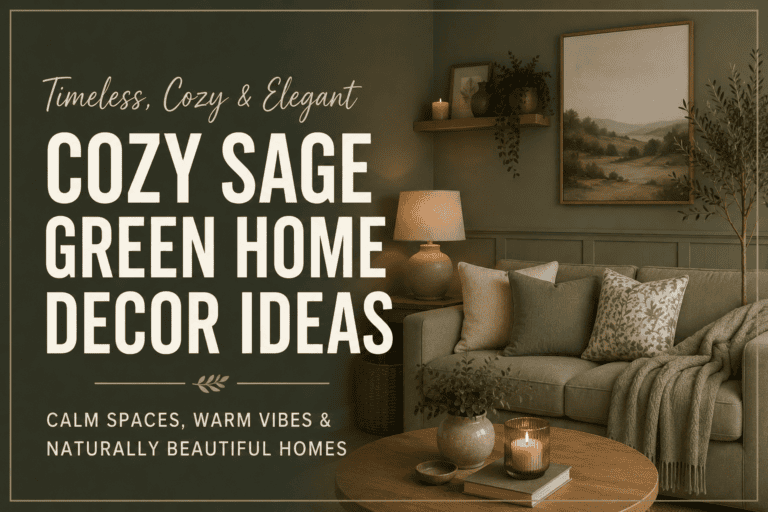 Cozy sage green home decor ideas featuring a warm living room with soft neutral furniture, natural wood accents, woven textures, indoor plants, and modern farmhouse style.