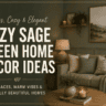 Cozy sage green home decor ideas featuring a warm living room with soft neutral furniture, natural wood accents, woven textures, indoor plants, and modern farmhouse style.