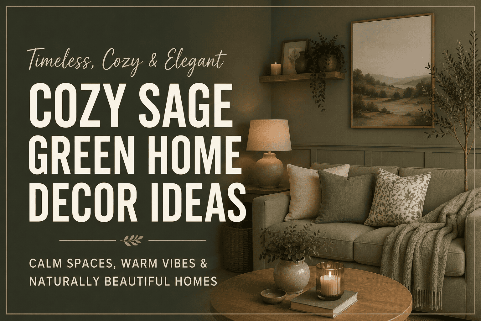 Cozy sage green home decor ideas featuring a warm living room with soft neutral furniture, natural wood accents, woven textures, indoor plants, and modern farmhouse style.