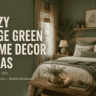 Cozy sage green home decor ideas featuring a warm living room with soft neutral furniture, natural wood accents, woven textures, indoor plants, and modern farmhouse style.