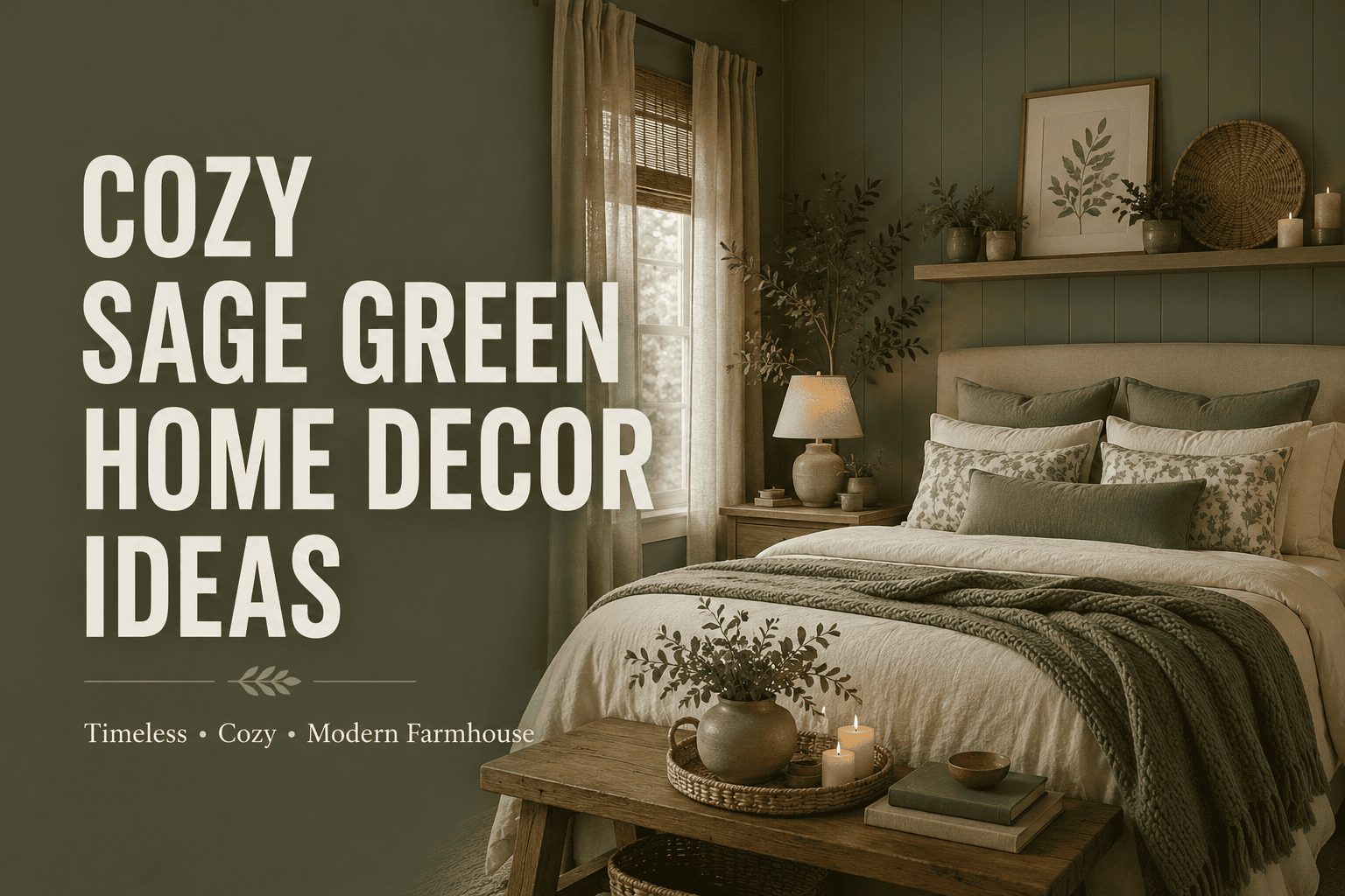 Cozy sage green home decor ideas featuring a warm living room with soft neutral furniture, natural wood accents, woven textures, indoor plants, and modern farmhouse style.