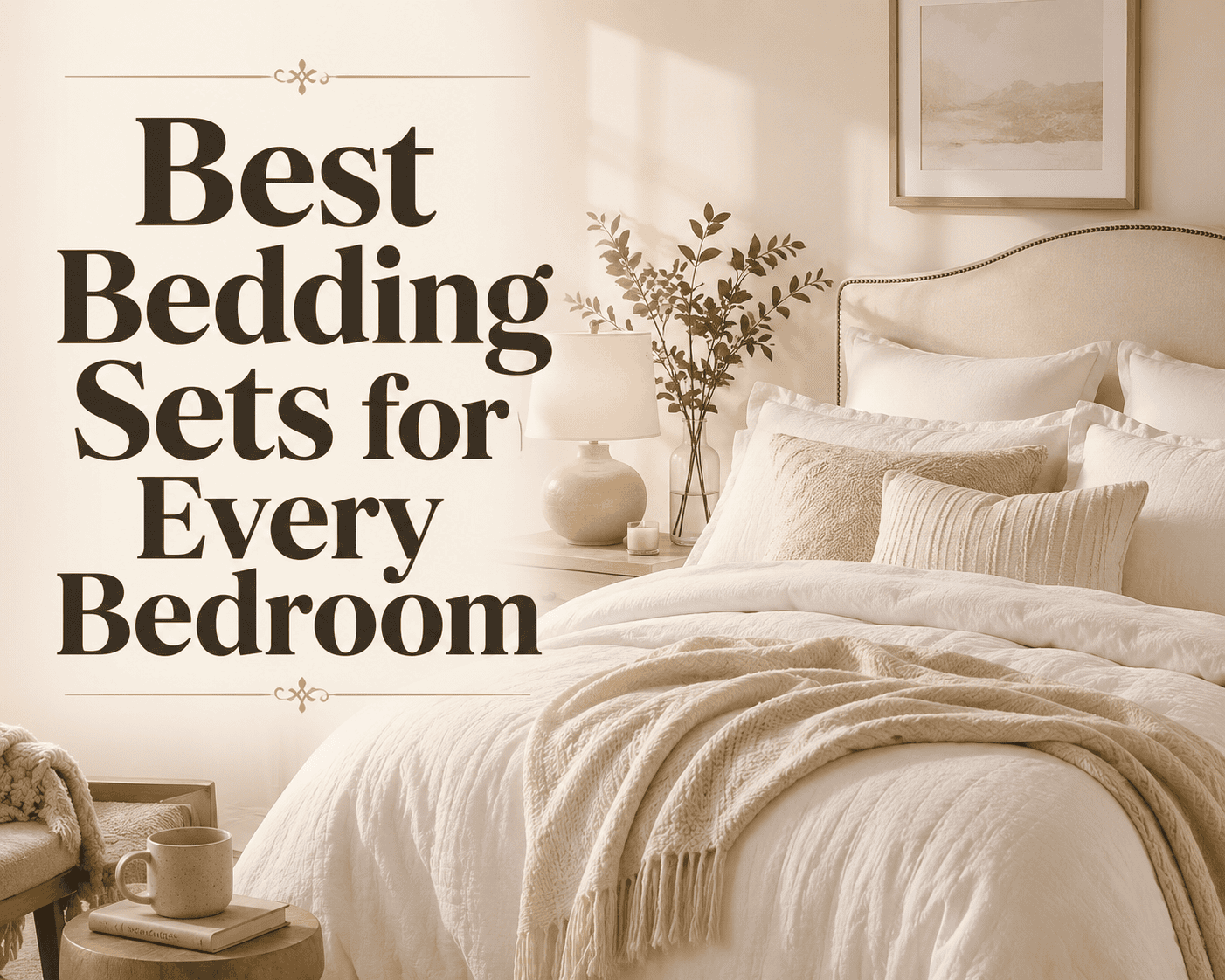Elegant white and cream bedroom featuring the best bedding sets for every bedroom with cozy layered bedding, soft neutral decor, and modern farmhouse style.