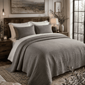 Stone gray quilt bedspread layered with white bedding in a cozy modern farmhouse bedroom featuring wood furniture, soft lighting, neutral décor, and oversized black-framed windows.