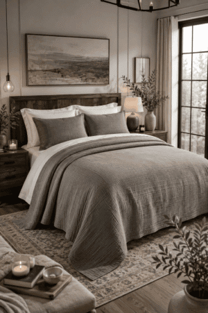 Stone gray quilt bedspread layered with white bedding in a cozy modern farmhouse bedroom featuring wood furniture, soft lighting, neutral décor, and oversized black-framed windows.