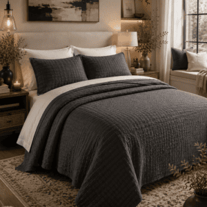 Charcoal gray quilted coverlet set layered over white bedding in a cozy modern farmhouse bedroom with neutral décor, wood furniture, warm lighting, and oversized arched windows.