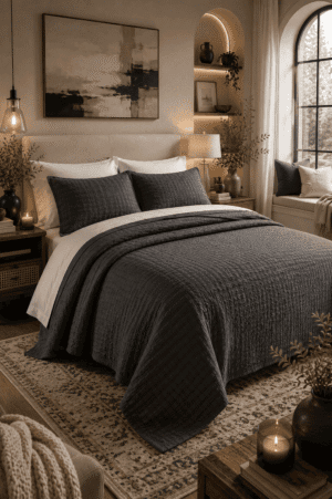 Charcoal gray quilted coverlet set layered over white bedding in a cozy modern farmhouse bedroom with neutral décor, wood furniture, warm lighting, and oversized arched windows.