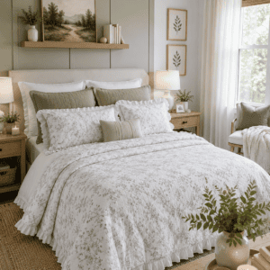 Sage green floral quilt set with ruffle trim styled in a cozy farmhouse bedroom featuring soft botanical bedding, neutral wood furniture, woven accents, and natural sunlight.