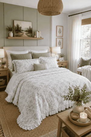 Sage green floral quilt set with ruffle trim styled in a cozy farmhouse bedroom featuring soft botanical bedding, neutral wood furniture, woven accents, and natural sunlight.