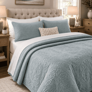 Spa blue quilted coverlet set styled on a white bed with tufted headboard, wooden nightstands, coastal wall art, soft lighting, and modern farmhouse bedroom decor.