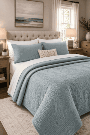 Spa blue quilted coverlet set styled on a white bed with tufted headboard, wooden nightstands, coastal wall art, soft lighting, and modern farmhouse bedroom decor.