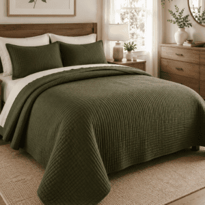 Olive green quilt set displayed on a wooden bed in a cozy modern farmhouse bedroom with white bedding, natural wood furniture, botanical wall art, soft lighting, and neutral decor.
