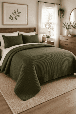 Olive green quilt set displayed on a wooden bed in a cozy modern farmhouse bedroom with white bedding, natural wood furniture, botanical wall art, soft lighting, and neutral decor.