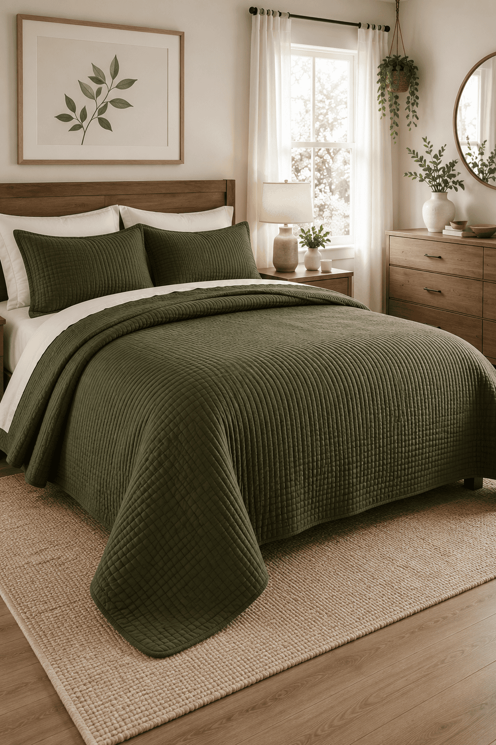 Olive green quilt set displayed on a wooden bed in a cozy modern farmhouse bedroom with white bedding, natural wood furniture, botanical wall art, soft lighting, and neutral decor.