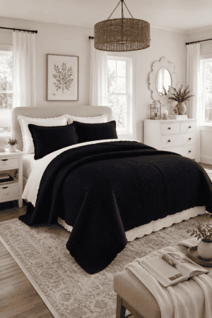 Black farmhouse quilt set styled on a white bed in a bright modern bedroom with neutral decor, woven pendant light, white furniture, soft natural lighting, and cozy farmhouse accents.