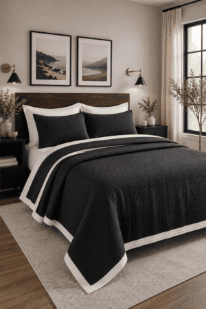 Black and white reversible quilt set on a wooden bed in a modern farmhouse bedroom featuring black nightstands, warm wall sconces, neutral decor, and cozy minimalist styling.