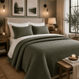 Olive green waffle quilt set styled on a white upholstered bed in a cozy farmhouse bedroom with sage green accent wall, woven rattan chandelier, wooden furniture, and warm ambient lighting.