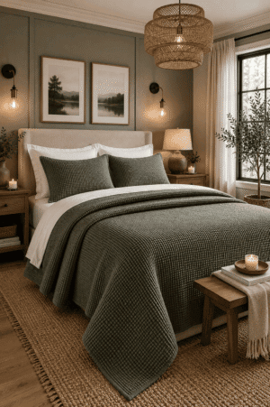 Olive green waffle quilt set styled on a white upholstered bed in a cozy farmhouse bedroom with sage green accent wall, woven rattan chandelier, wooden furniture, and warm ambient lighting.