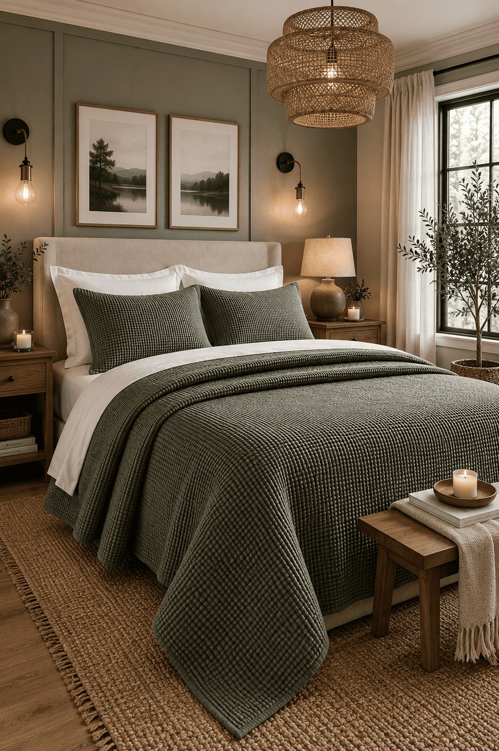 Olive green waffle quilt set styled on a white upholstered bed in a cozy farmhouse bedroom with sage green accent wall, woven rattan chandelier, wooden furniture, and warm ambient lighting.