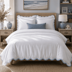 White coastal comforter set with blue scalloped trim styled on a woven bed, featuring soft blue accents, beach wall art, coastal decor, natural wood furniture, and bright modern bedroom styling.