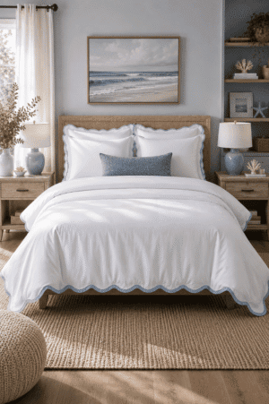 White coastal comforter set with blue scalloped trim styled on a woven bed, featuring soft blue accents, beach wall art, coastal decor, natural wood furniture, and bright modern bedroom styling.