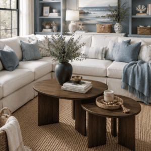 Modern walnut round nesting coffee table set styled in a cozy coastal farmhouse living room with a white sectional sofa, blue accent pillows, woven rug, and natural home decor.