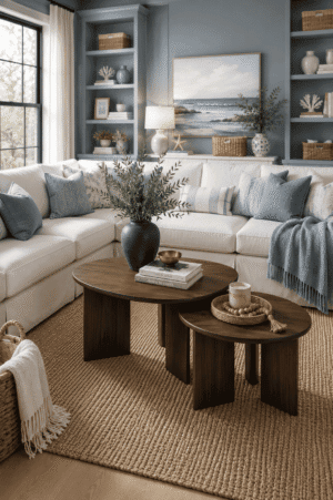 Modern walnut round nesting coffee table set styled in a cozy coastal farmhouse living room with a white sectional sofa, blue accent pillows, woven rug, and natural home decor.