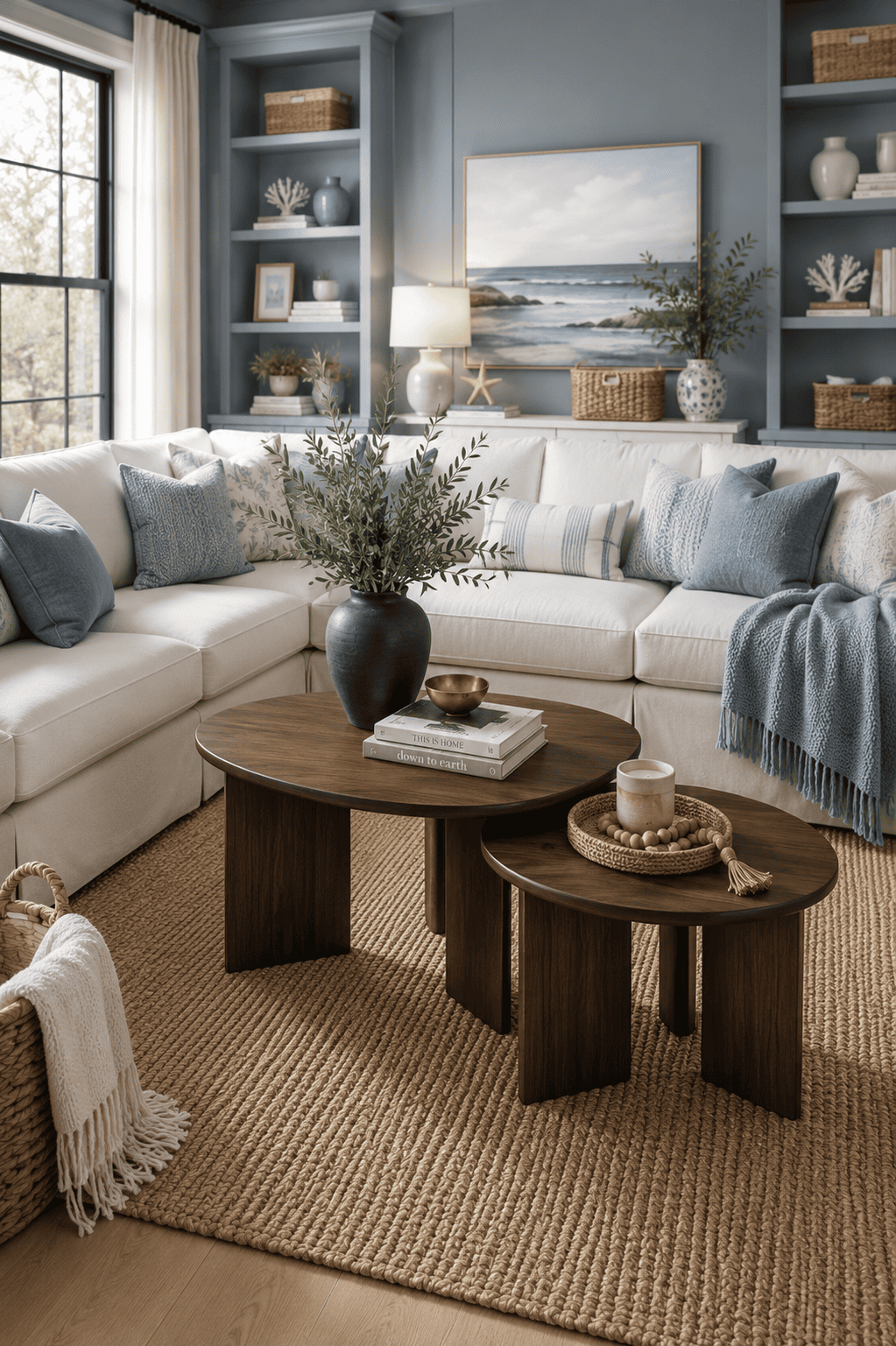 Modern walnut round nesting coffee table set styled in a cozy coastal farmhouse living room with a white sectional sofa, blue accent pillows, woven rug, and natural home decor.