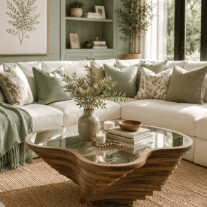 Modern sculptural walnut wood coffee table with a tempered glass top styled in a cozy sage green living room featuring a white sectional sofa, woven rug, and organic home decor accents.