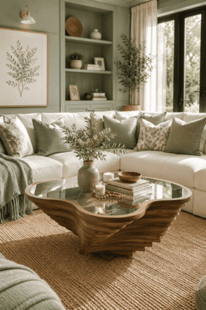Modern sculptural walnut wood coffee table with a tempered glass top styled in a cozy sage green living room featuring a white sectional sofa, woven rug, and organic home decor accents.