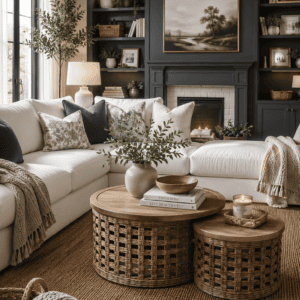 Round woven nesting coffee table set with natural rattan sides and wood tops styled in a cozy modern farmhouse living room featuring a white sectional sofa, fireplace, and warm neutral decor.