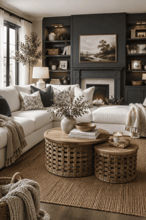 Round woven nesting coffee table set with natural rattan sides and wood tops styled in a cozy modern farmhouse living room featuring a white sectional sofa, fireplace, and warm neutral decor.
