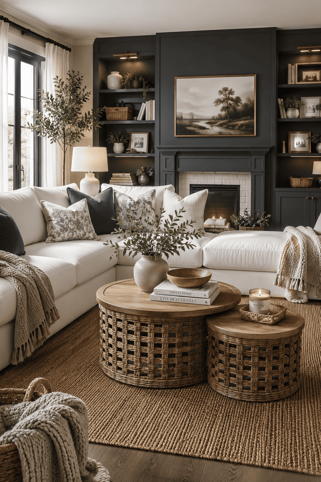 Round woven nesting coffee table set with natural rattan sides and wood tops styled in a cozy modern farmhouse living room featuring a white sectional sofa, fireplace, and warm neutral decor.