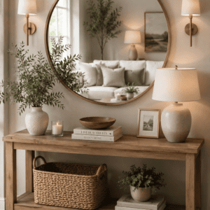 Rustic wooden console table with an open storage shelf, styled beneath a round wood wall mirror with ceramic decor, woven basket, greenery, and warm farmhouse accents in a cozy entryway.
