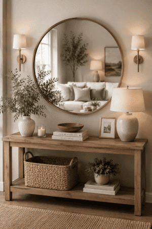 Rustic wooden console table with an open storage shelf, styled beneath a round wood wall mirror with ceramic decor, woven basket, greenery, and warm farmhouse accents in a cozy entryway.