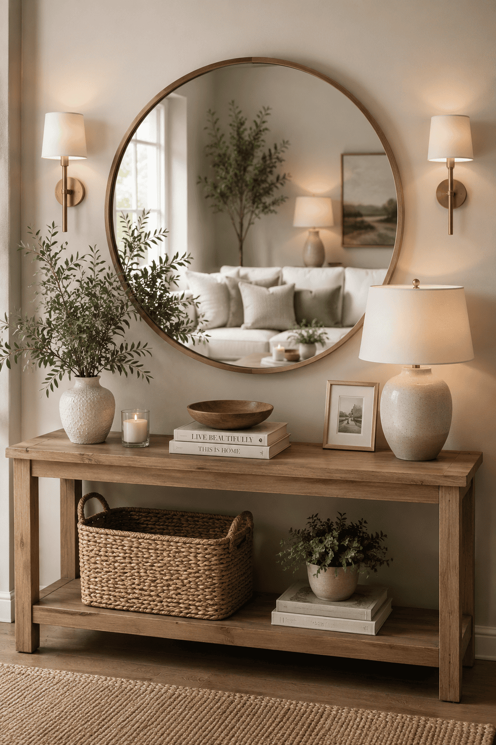 Rustic wooden console table with an open storage shelf, styled beneath a round wood wall mirror with ceramic decor, woven basket, greenery, and warm farmhouse accents in a cozy entryway.