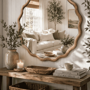 Organic Wavy Wood Mirror Styled Above a Rustic Console Table in a Cozy Farmhouse Entryway