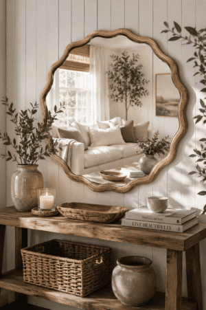 Organic Wavy Wood Mirror Styled Above a Rustic Console Table in a Cozy Farmhouse Entryway