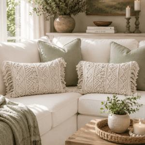 Handwoven cream boho lumbar throw pillow covers with fringe detailing styled on a white farmhouse sofa with sage green pillows, wooden coffee table, and cozy neutral living room decor.
