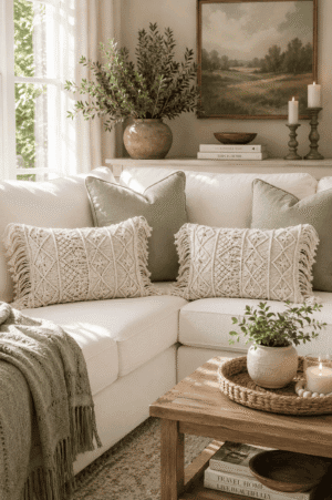 Handwoven cream boho lumbar throw pillow covers with fringe detailing styled on a white farmhouse sofa with sage green pillows, wooden coffee table, and cozy neutral living room decor.