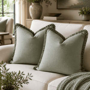Soft sage green fringe throw pillow covers on a white sofa in a cozy farmhouse living room with a knitted throw blanket, candles, greenery, and warm neutral decor.